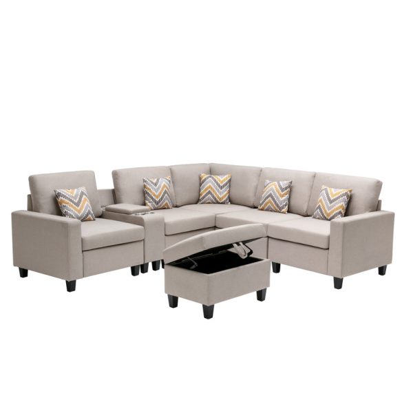 Nolan 106"W Beige Linen Fabric 7Pc Reversible Sectional Sofa with Interchangeable Legs, Pillows, Storage Ottoman, and a USB, Charging Ports, Cupholders, Storage Console Table - Image 8