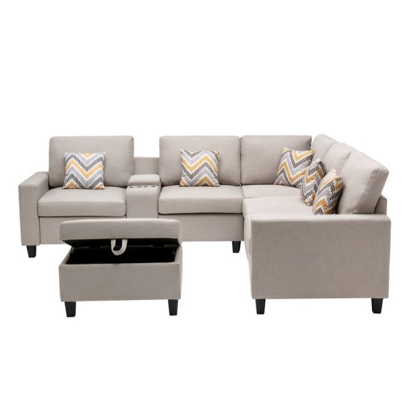 Nolan 106"W Beige Linen Fabric 7Pc Reversible Sectional Sofa with Interchangeable Legs, Pillows, Storage Ottoman, and a USB, Charging Ports, Cupholders, Storage Console Table - Image 7