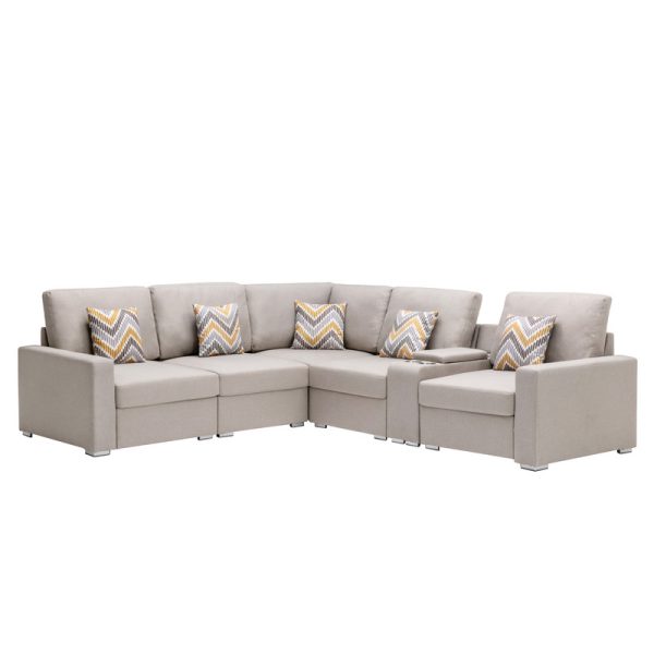 Nolan 106"W Beige Linen Fabric 6Pc Reversible Sectional Sofa with a USB, Charging Ports, Cupholders, Storage Console Table and Pillows and Interchangeable Legs - Image 4