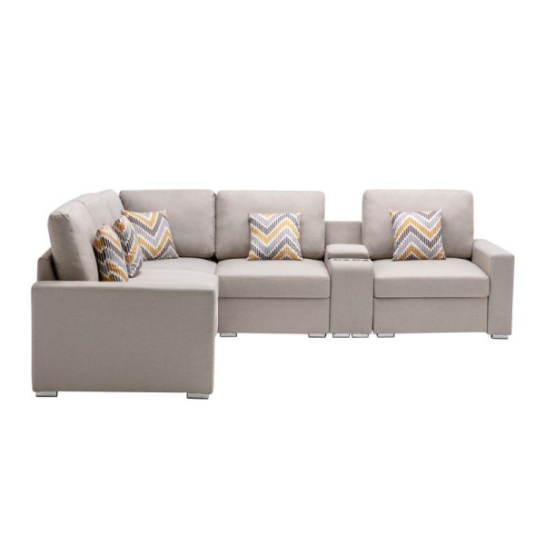 Nolan 106"W Beige Linen Fabric 6Pc Reversible Sectional Sofa with a USB, Charging Ports, Cupholders, Storage Console Table and Pillows and Interchangeable Legs - Image 3