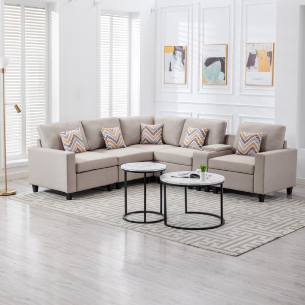Nolan 106"W Beige Linen Fabric 6Pc Reversible Sectional Sofa with a USB, Charging Ports, Cupholders, Storage Console Table and Pillows and Interchangeable Legs - Image 2