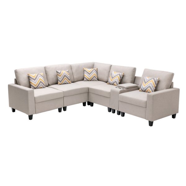Nolan 106"W Beige Linen Fabric 6Pc Reversible Sectional Sofa with a USB, Charging Ports, Cupholders, Storage Console Table and Pillows and Interchangeable Legs - Image 9