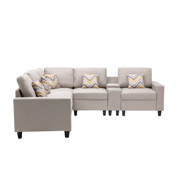 Nolan 106"W Beige Linen Fabric 6Pc Reversible Sectional Sofa with a USB, Charging Ports, Cupholders, Storage Console Table and Pillows and Interchangeable Legs - Image 8