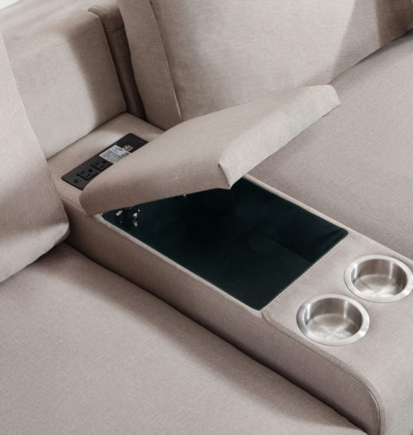 Nolan 106"W Beige Linen Fabric 6Pc Reversible Sectional Sofa with a USB, Charging Ports, Cupholders, Storage Console Table and Pillows and Interchangeable Legs - Image 7