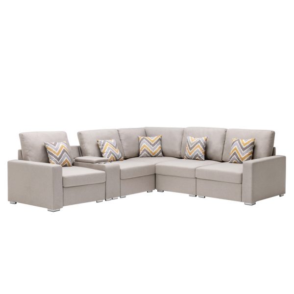 Nolan 106"W Beige Linen Fabric 6Pc Reversible Sectional Sofa with a USB, Charging Ports, Cupholders, Storage Console Table and Pillows and Interchangeable Legs - Image 8