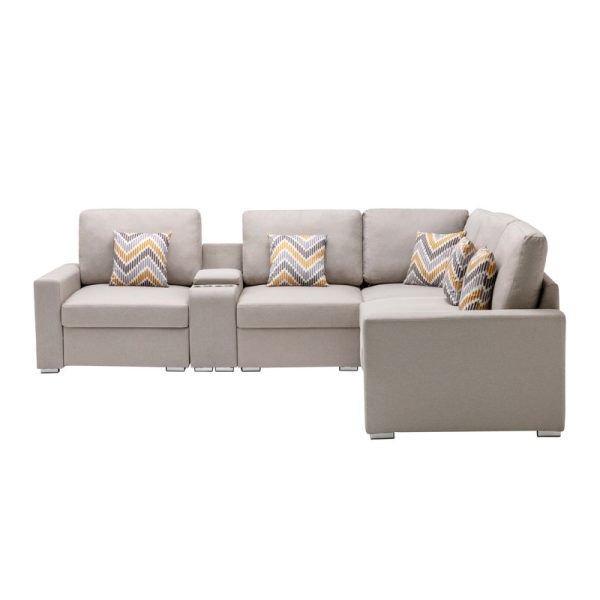 Nolan 106"W Beige Linen Fabric 6Pc Reversible Sectional Sofa with a USB, Charging Ports, Cupholders, Storage Console Table and Pillows and Interchangeable Legs - Image 7
