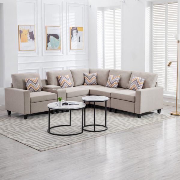 Nolan 106"W Beige Linen Fabric 6Pc Reversible Sectional Sofa with a USB, Charging Ports, Cupholders, Storage Console Table and Pillows and Interchangeable Legs - Image 6