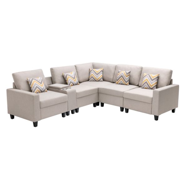 Nolan 106"W Beige Linen Fabric 6Pc Reversible Sectional Sofa with a USB, Charging Ports, Cupholders, Storage Console Table and Pillows and Interchangeable Legs - Image 5