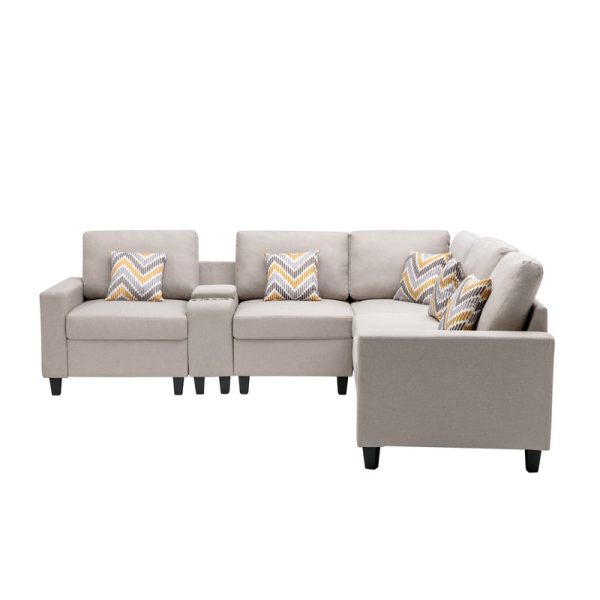Nolan 106"W Beige Linen Fabric 6Pc Reversible Sectional Sofa with a USB, Charging Ports, Cupholders, Storage Console Table and Pillows and Interchangeable Legs - Image 4