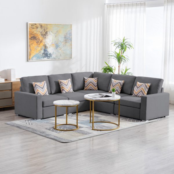Nolan 95.5"W Gray Linen Fabric 5Pc Reversible Sectional Sofa with Pillows and Interchangeable Legs