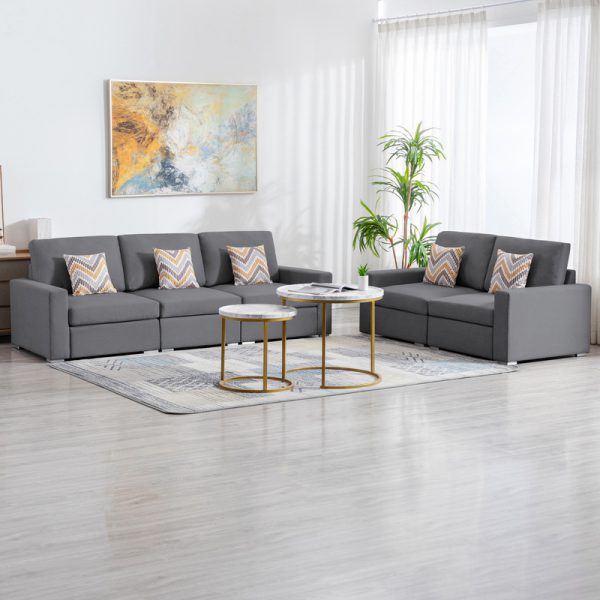 Nolan 95.5"W Gray Linen Fabric Sofa and Loveseat Living Room Set with Pillows and Interchangeable Legs