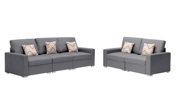 Nolan 95.5"W Gray Linen Fabric Sofa and Loveseat Living Room Set with Pillows and Interchangeable Legs - Image 6