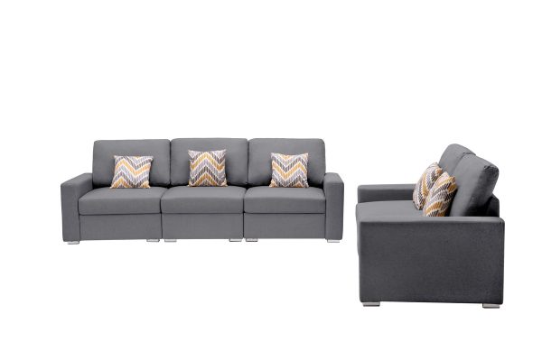 Nolan 95.5"W Gray Linen Fabric Sofa and Loveseat Living Room Set with Pillows and Interchangeable Legs - Image 5