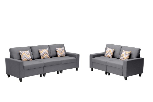 Nolan 95.5"W Gray Linen Fabric Sofa and Loveseat Living Room Set with Pillows and Interchangeable Legs - Image 2