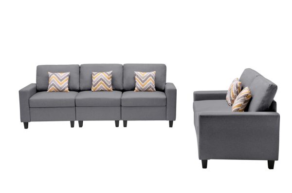 Nolan 95.5"W Gray Linen Fabric Sofa and Loveseat Living Room Set with Pillows and Interchangeable Legs - Image 8