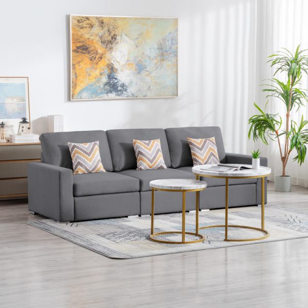 Nolan 95.5"W Gray Linen Fabric Sofa with Pillows and Interchangeable Legs
