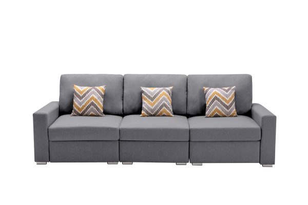 Nolan 95.5"W Gray Linen Fabric Sofa with Pillows and Interchangeable Legs - Image 4