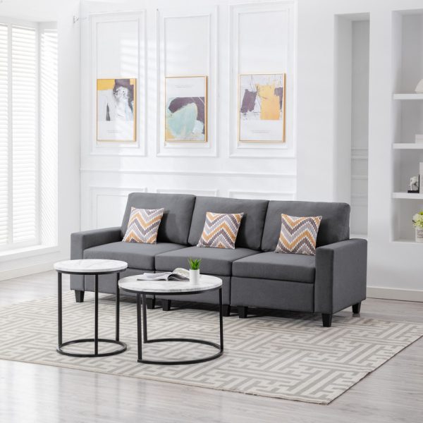 Nolan 95.5"W Gray Linen Fabric Sofa with Pillows and Interchangeable Legs - Image 3