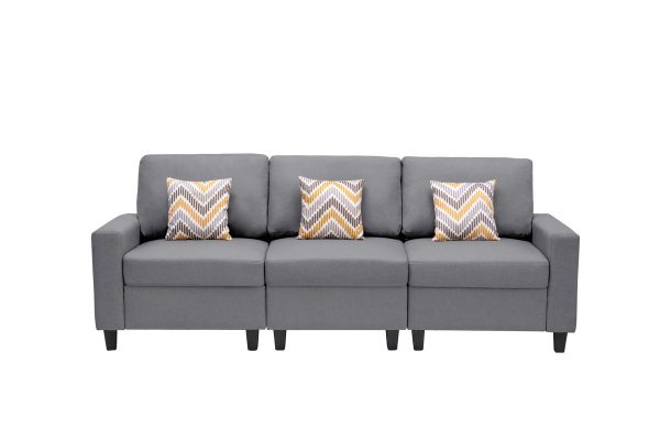 Nolan 95.5"W Gray Linen Fabric Sofa with Pillows and Interchangeable Legs - Image 7