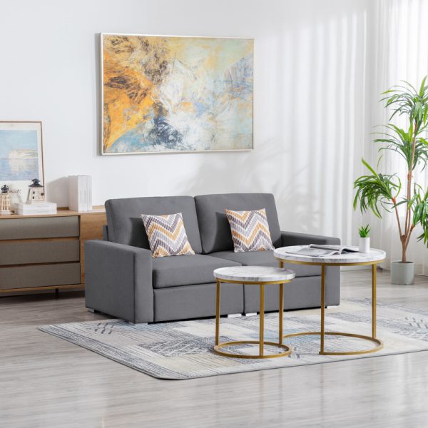 Nolan 67"W Gray Linen Fabric Loveseat with Pillows and Interchangeable Legs