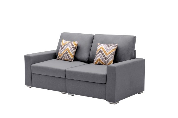 Nolan 67"W Gray Linen Fabric Loveseat with Pillows and Interchangeable Legs - Image 3