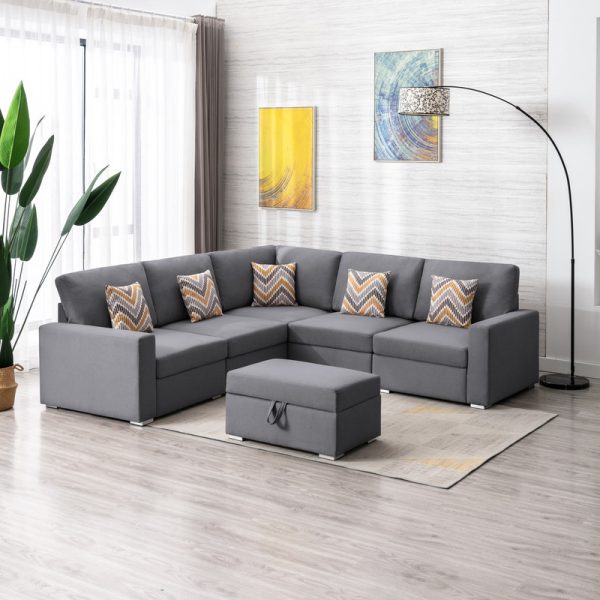 Nolan 95.5"W Gray Linen Fabric 6Pc Reversible Sectional Sofa with Pillows, Storage Ottoman, and Interchangeable Legs