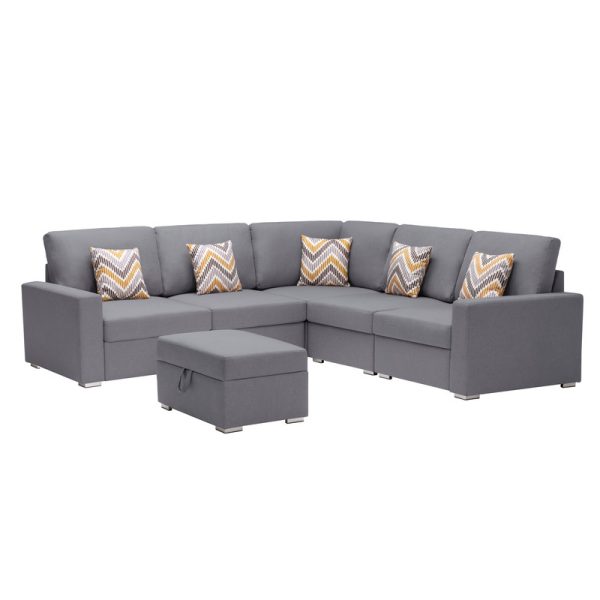 Nolan 95.5"W Gray Linen Fabric 6Pc Reversible Sectional Sofa with Pillows, Storage Ottoman, and Interchangeable Legs - Image 4
