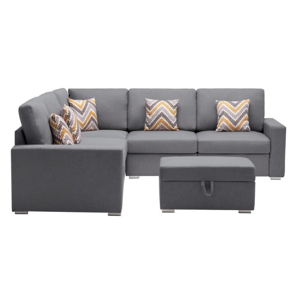 Nolan 95.5"W Gray Linen Fabric 6Pc Reversible Sectional Sofa with Pillows, Storage Ottoman, and Interchangeable Legs - Image 3