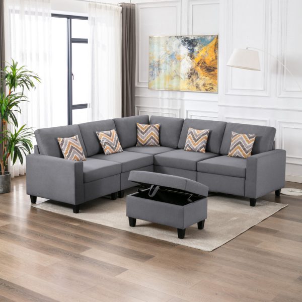 Nolan 95.5"W Gray Linen Fabric 6Pc Reversible Sectional Sofa with Pillows, Storage Ottoman, and Interchangeable Legs - Image 2