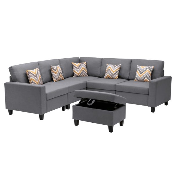 Nolan 95.5"W Gray Linen Fabric 6Pc Reversible Sectional Sofa with Pillows, Storage Ottoman, and Interchangeable Legs - Image 7