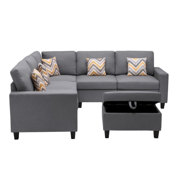 Nolan 95.5"W Gray Linen Fabric 6Pc Reversible Sectional Sofa with Pillows, Storage Ottoman, and Interchangeable Legs - Image 6