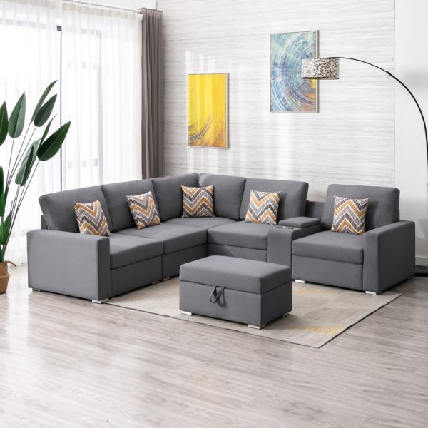 Nolan 106"W Gray Linen Fabric 7Pc Reversible Sectional Sofa with Interchangeable Legs, Pillows, Storage Ottoman, and a USB, Charging Ports, Cupholders, Storage Console Table