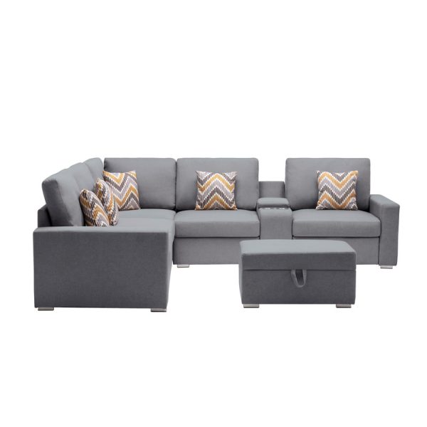 Nolan 106"W Gray Linen Fabric 7Pc Reversible Sectional Sofa with Interchangeable Legs, Pillows, Storage Ottoman, and a USB, Charging Ports, Cupholders, Storage Console Table - Image 3