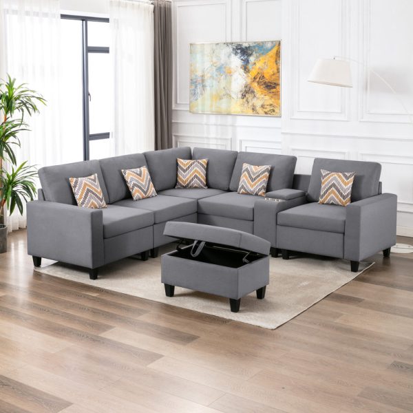 Nolan 106"W Gray Linen Fabric 7Pc Reversible Sectional Sofa with Interchangeable Legs, Pillows, Storage Ottoman, and a USB, Charging Ports, Cupholders, Storage Console Table - Image 2