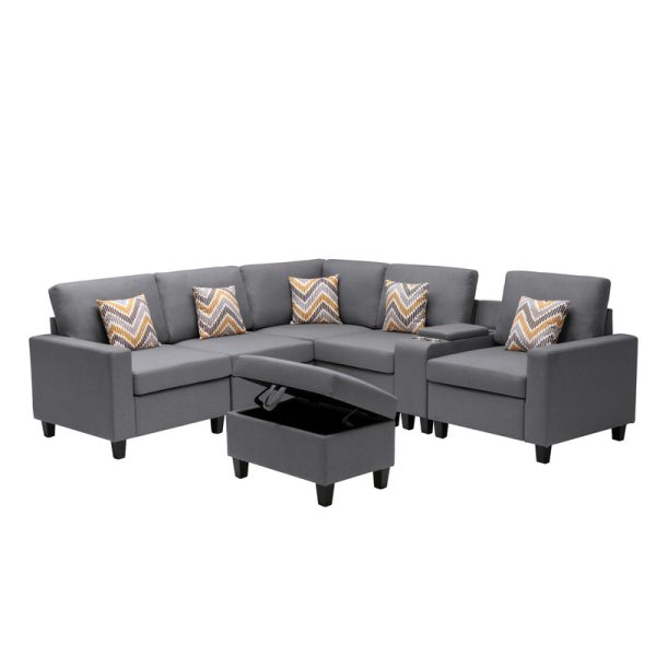 Nolan 106"W Gray Linen Fabric 7Pc Reversible Sectional Sofa with Interchangeable Legs, Pillows, Storage Ottoman, and a USB, Charging Ports, Cupholders, Storage Console Table - Image 8