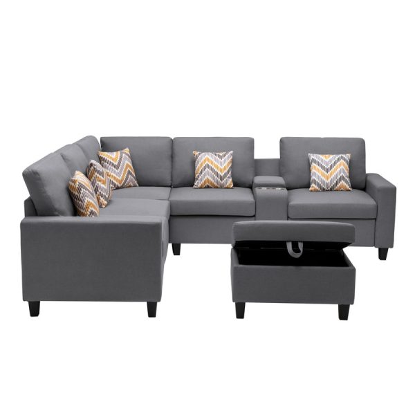 Nolan 106"W Gray Linen Fabric 7Pc Reversible Sectional Sofa with Interchangeable Legs, Pillows, Storage Ottoman, and a USB, Charging Ports, Cupholders, Storage Console Table - Image 7