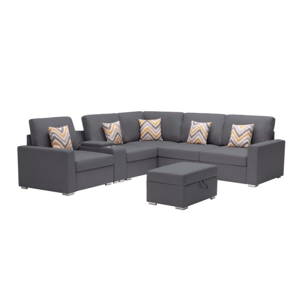 Nolan 106"W Gray Linen Fabric 7Pc Reversible Sectional Sofa with Interchangeable Legs, Pillows, Storage Ottoman, and a USB, Charging Ports, Cupholders, Storage Console Table - Image 6