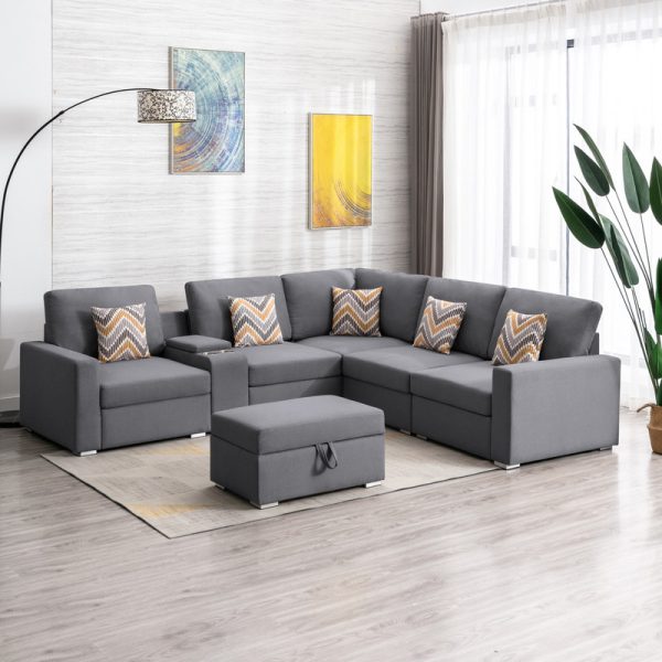 Nolan 106"W Gray Linen Fabric 7Pc Reversible Sectional Sofa with Interchangeable Legs, Pillows, Storage Ottoman, and a USB, Charging Ports, Cupholders, Storage Console Table