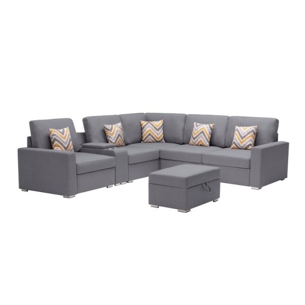 Nolan 106"W Gray Linen Fabric 7Pc Reversible Sectional Sofa with Interchangeable Legs, Pillows, Storage Ottoman, and a USB, Charging Ports, Cupholders, Storage Console Table - Image 4
