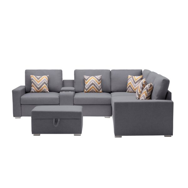 Nolan 106"W Gray Linen Fabric 7Pc Reversible Sectional Sofa with Interchangeable Legs, Pillows, Storage Ottoman, and a USB, Charging Ports, Cupholders, Storage Console Table - Image 3