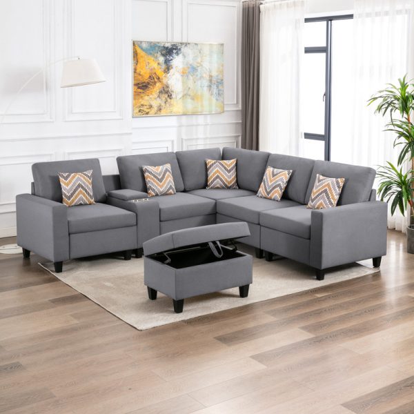 Nolan 106"W Gray Linen Fabric 7Pc Reversible Sectional Sofa with Interchangeable Legs, Pillows, Storage Ottoman, and a USB, Charging Ports, Cupholders, Storage Console Table - Image 2