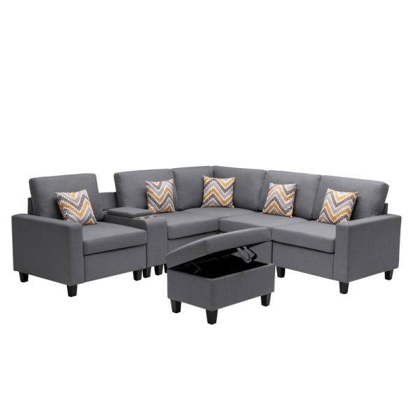Nolan 106"W Gray Linen Fabric 7Pc Reversible Sectional Sofa with Interchangeable Legs, Pillows, Storage Ottoman, and a USB, Charging Ports, Cupholders, Storage Console Table - Image 8