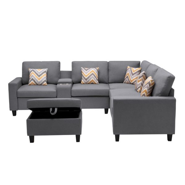Nolan 106"W Gray Linen Fabric 7Pc Reversible Sectional Sofa with Interchangeable Legs, Pillows, Storage Ottoman, and a USB, Charging Ports, Cupholders, Storage Console Table - Image 7