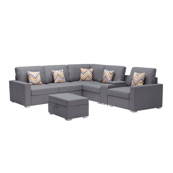 Nolan 106"W Gray Linen Fabric 7Pc Reversible Sectional Sofa with Interchangeable Legs, Pillows, Storage Ottoman, and a USB, Charging Ports, Cupholders, Storage Console Table - Image 6