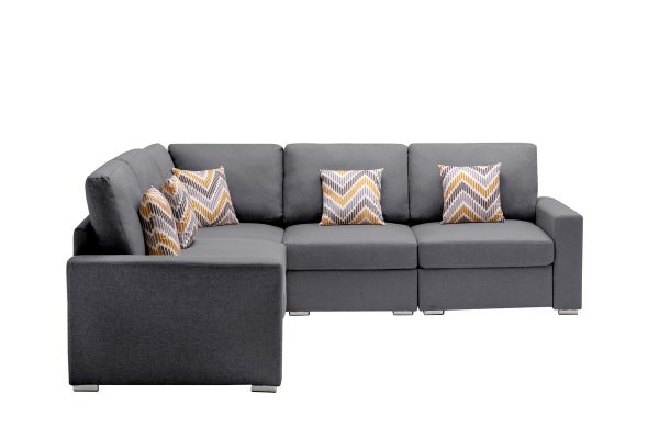 Nolan 95.5"W Gray Linen Fabric 5Pc Reversible Sectional Sofa with Pillows and Interchangeable Legs - Image 5