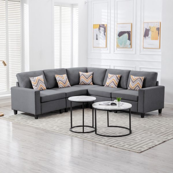Nolan 95.5"W Gray Linen Fabric 5Pc Reversible Sectional Sofa with Pillows and Interchangeable Legs - Image 4