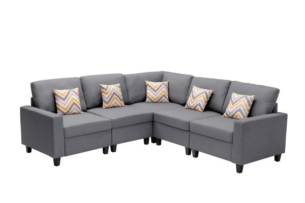 Nolan 95.5"W Gray Linen Fabric 5Pc Reversible Sectional Sofa with Pillows and Interchangeable Legs - Image 3