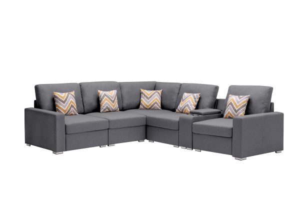 Nolan 106"W Gray Linen Fabric 6Pc Reversible Sectional Sofa with a USB, Charging Ports, Cupholders, Storage Console Table and Pillows and Interchangeable Legs - Image 6