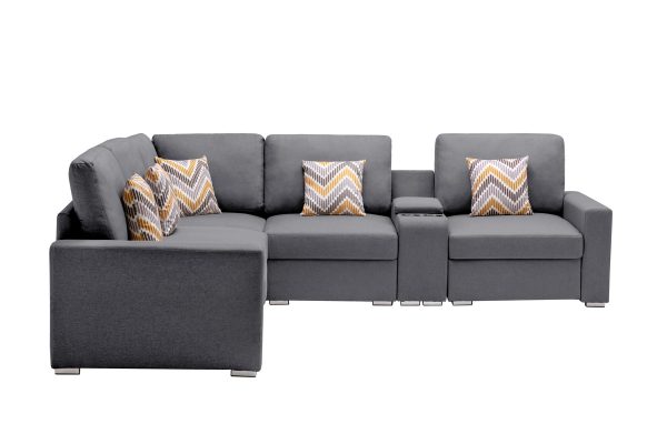 Nolan 106"W Gray Linen Fabric 6Pc Reversible Sectional Sofa with a USB, Charging Ports, Cupholders, Storage Console Table and Pillows and Interchangeable Legs - Image 5