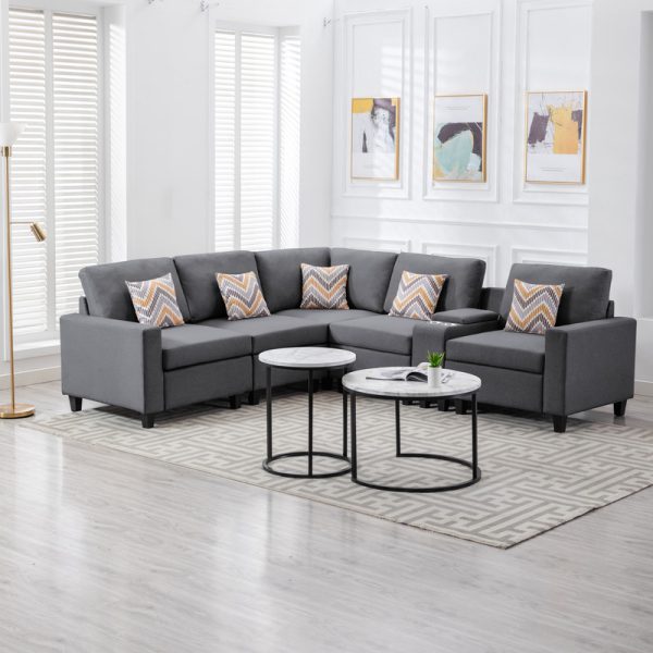 Nolan 106"W Gray Linen Fabric 6Pc Reversible Sectional Sofa with a USB, Charging Ports, Cupholders, Storage Console Table and Pillows and Interchangeable Legs - Image 4